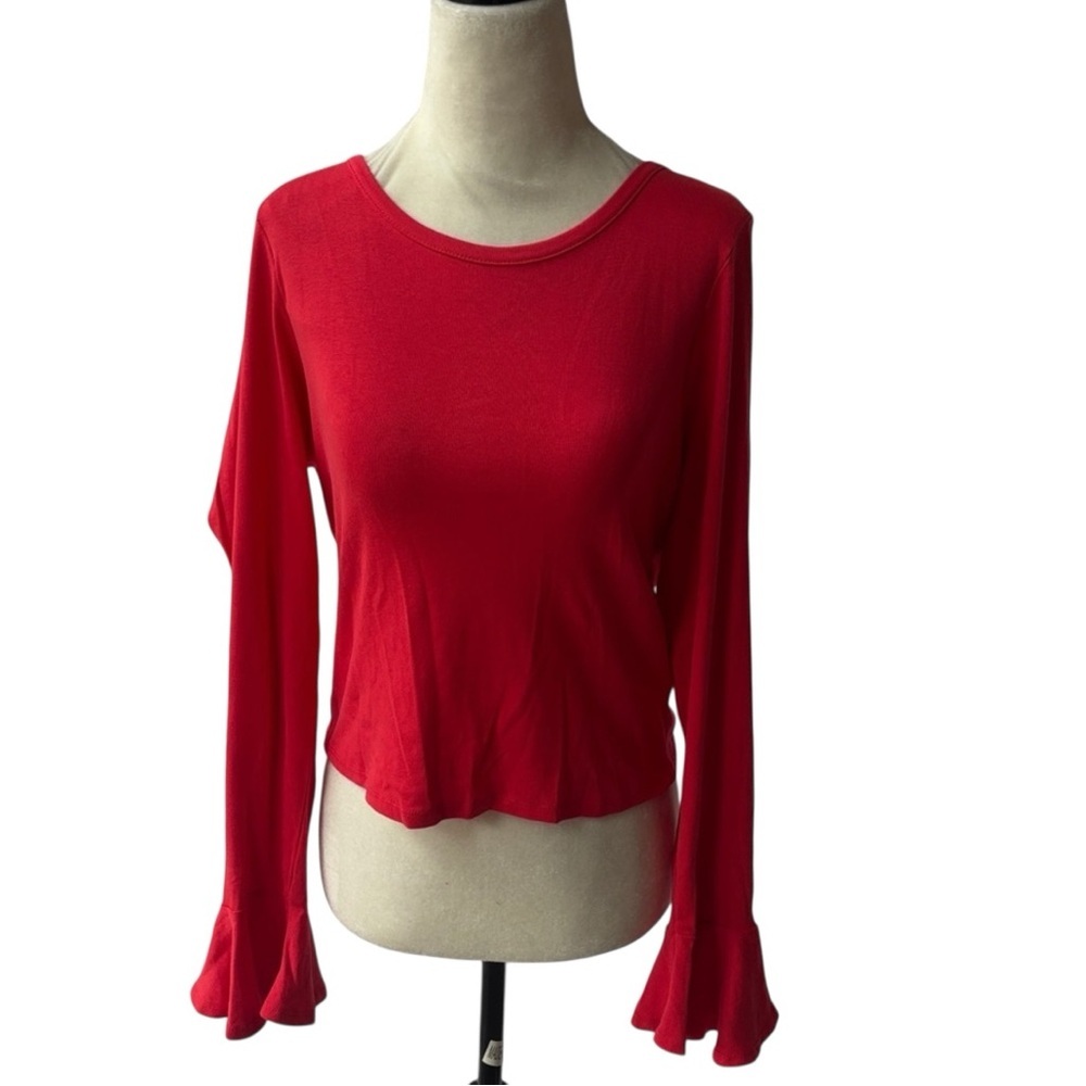 ❤️Maeve by Anthropologie 100% Cotton Flouncy Red Long Bell Sleeve Top Medium - Picture 2 of 6
